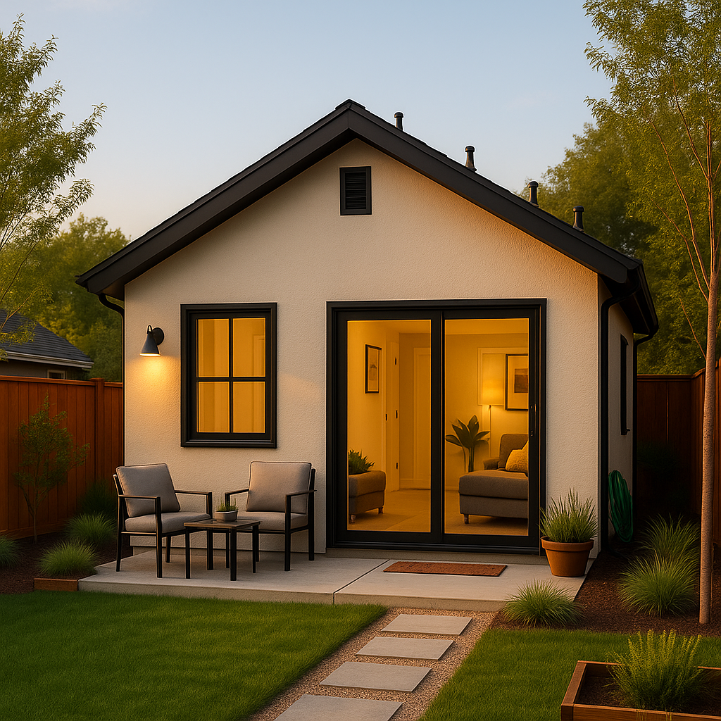 Modern backyard ADU with patio seating and glowing lights at dusk by a Bay Area ADU contractor
