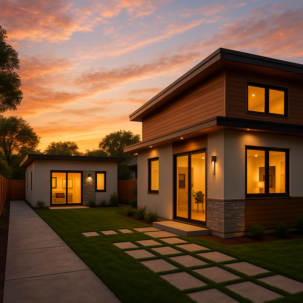 Modern two-story home and detached ADU at sunset with glowing lights, designed by a Bay Area ADU contractor