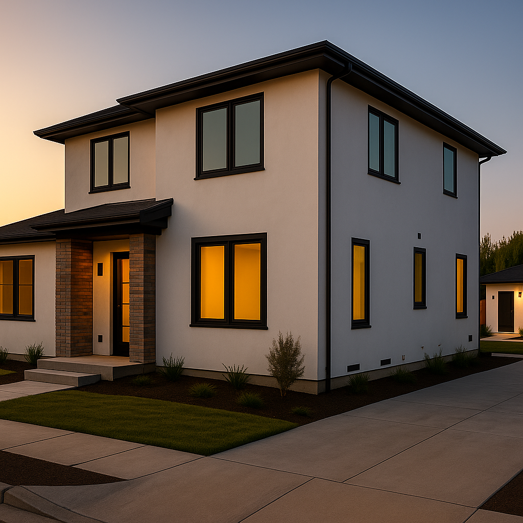 Modern two-story Bay Area home with matching detached ADU at sunset, built by a Bay Area ADU contractor