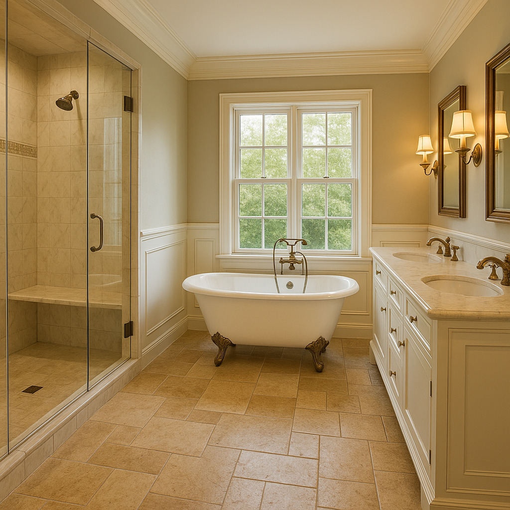 Elegant master bathroom with freestanding tub, dual vanity, and walk-in shower by a Bay Area bathroom remodel contractor
