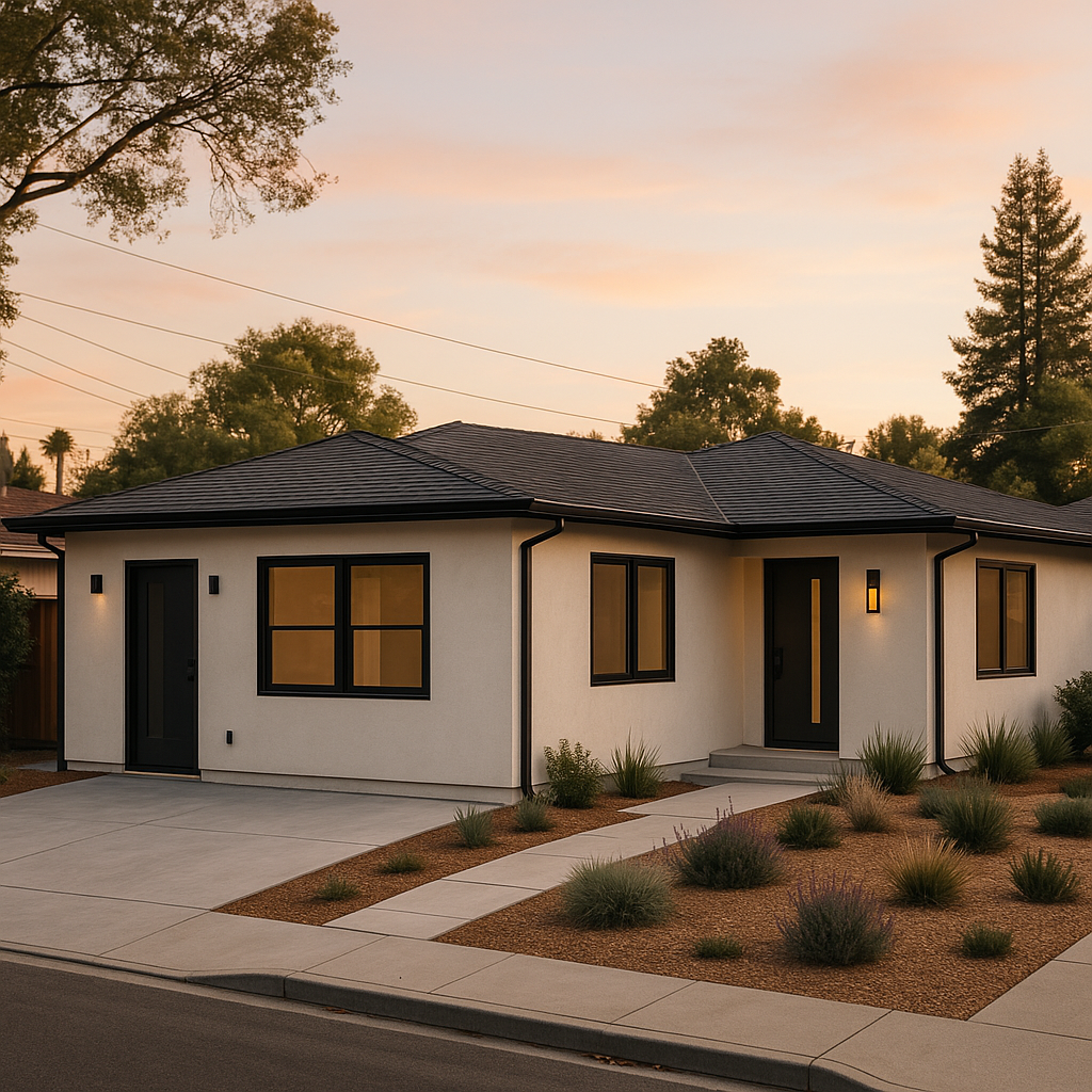Bay Area JADU garage conversion contractor project featuring a modern one-story unit with stucco exterior, black trim, and drought-tolerant landscaping.