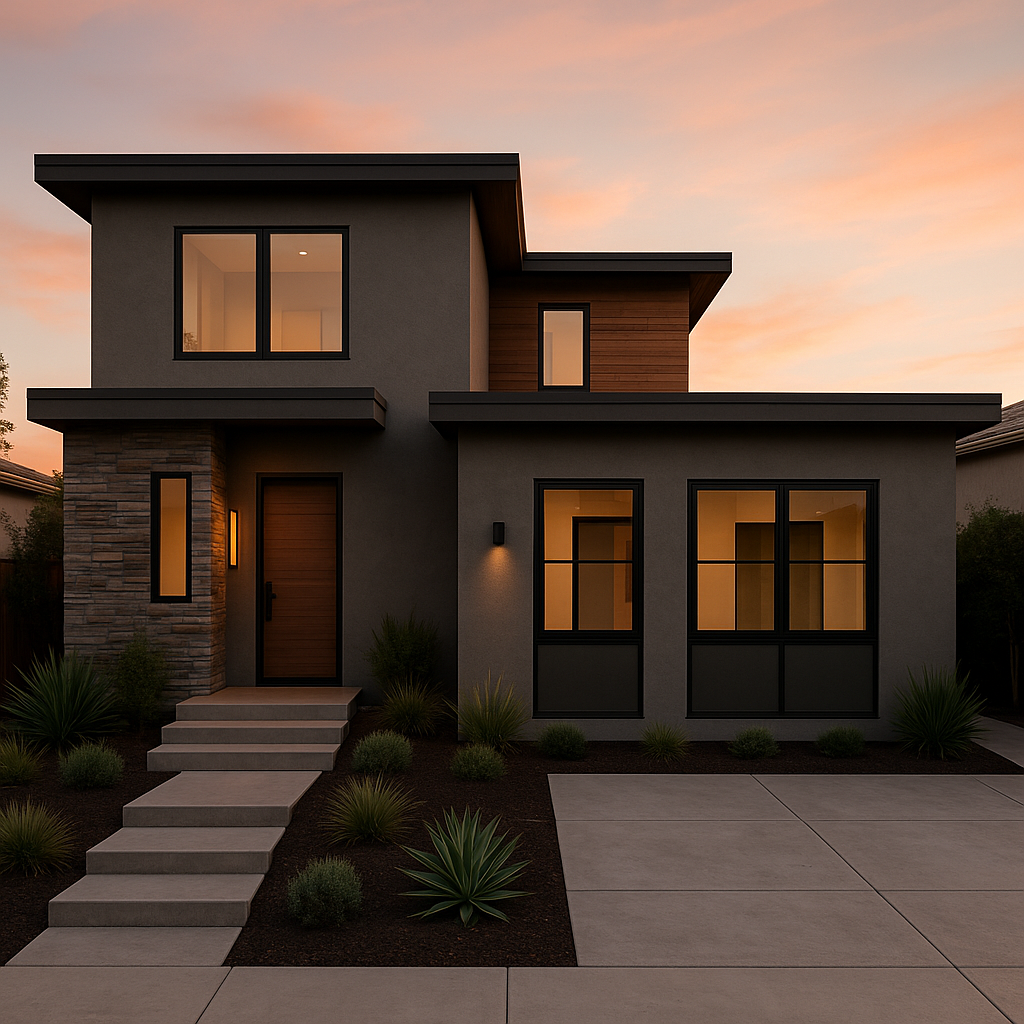 Modern JADU garage conversion in the Bay Area with flat roof design, black-framed windows, and upgraded exterior.