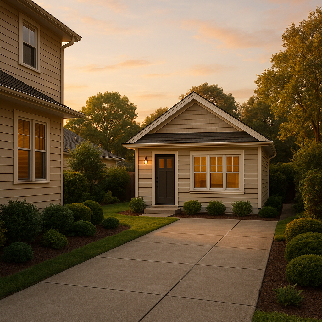 Bay Area JADU garage conversion with detached structure, landscaped front, and modern entry door.