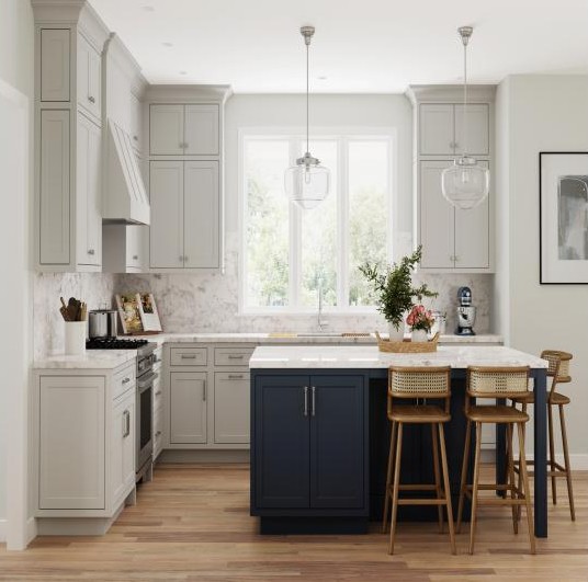 Bay Area kitchen remodel contractor showcasing gray cabinets and navy island design
