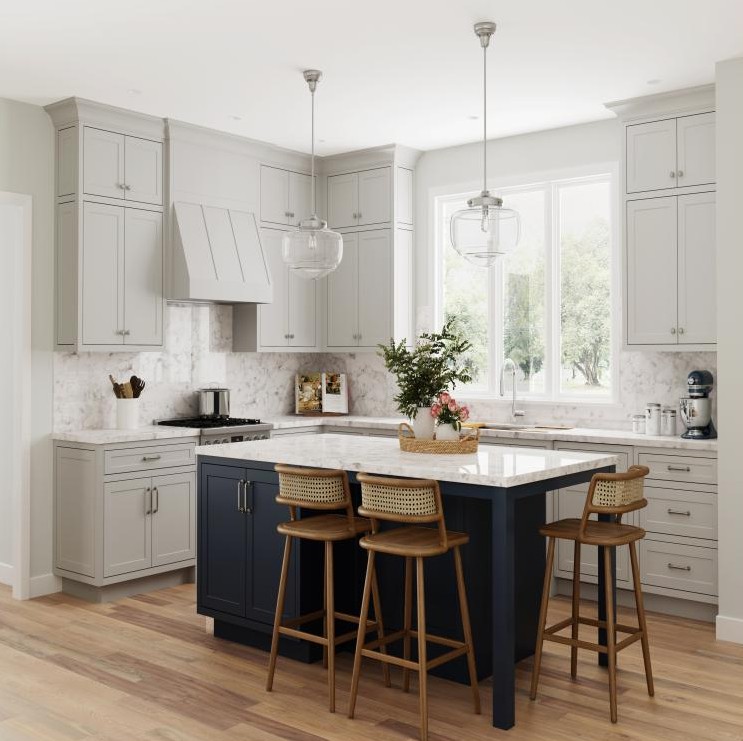 Bay Area kitchen remodel contractor with navy island and light gray shaker cabinets